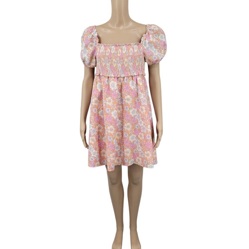 Aritzia Sunday Best Hadley Puff Sleeve Smocked Dress Apricot Floral Linen Cotton